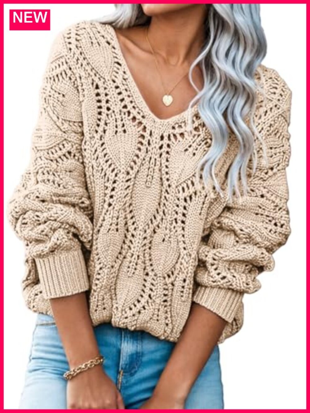 Dokotoo Women's V Neck Crochet Hollow Out Pullover Sweater Long Sleeve